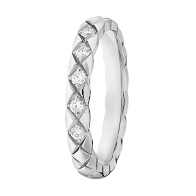 CHANEL COCO CRUSH Platinum Diamond Ring Quilted Pattern Couple Unisex Silver J11355