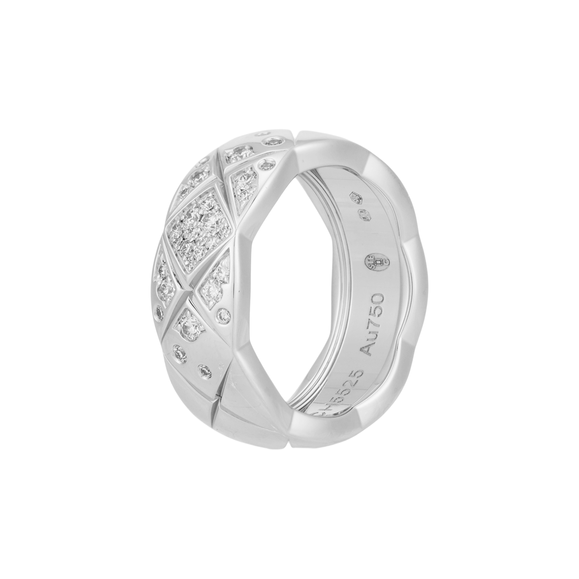 CHANEL CoCo Crush Quilted Pattern Wide Ring 18K White Gold Unisex Silver. J10865