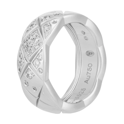 CHANEL CoCo Crush Quilted Pattern Wide Ring 18K White Gold Unisex Silver. J10865