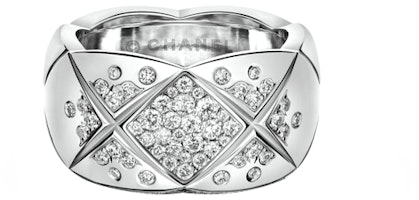CHANEL COCO CRUSH Ring 18K White Gold Wide Band with Half-Paved Diamonds. J10863 CHANEL COCO CRUSH Ring 18K White Gold Wide Band with Half-Paved Diamonds. J10863