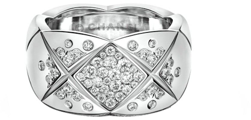 CHANEL COCO CRUSH Ring 18K White Gold Wide Band with Half-Paved Diamonds. J10863 Order CHANEL COCO CRUSH Ring 18K White Gold Wide Band with Half-Paved Diamonds. J10863