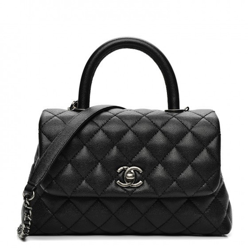 Chanel Coco Handle Bag Quilted Grained Caviar Ruthenium Mini Black