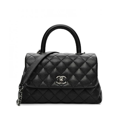 Chanel Coco Handle Bag Quilted Grained Caviar Ruthenium Mini Black