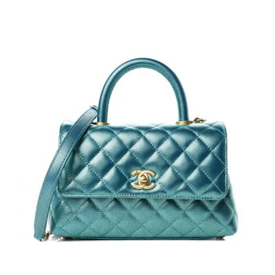 Chanel Coco Handle Flap Quilted Metallic Caviar Gold-tone Mini Turquoise