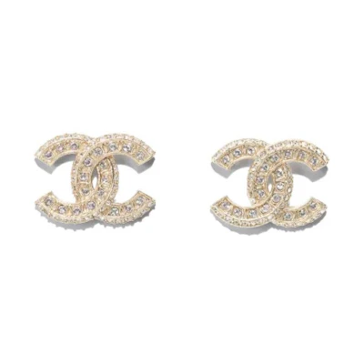Chanel Crystal CC Gold Stud Earrings Gold