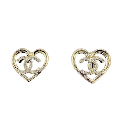 Chanel Crystal CC Logo Heart Stud Earrings ABA103 Light Gold/Crystal