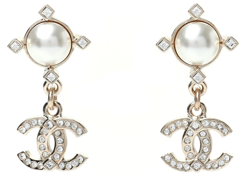 Chanel Crystal Pearl CC Drop Earrings Gold