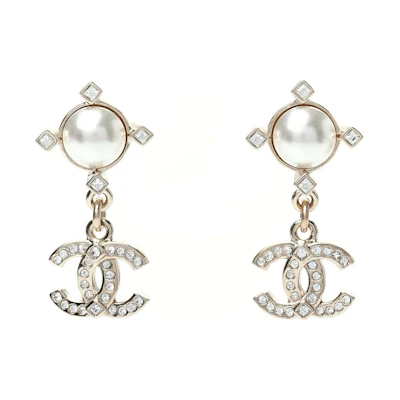 Chanel Crystal Pearl CC Drop Earrings Gold