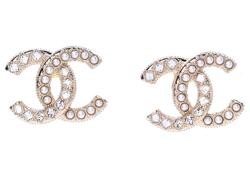 Chanel Crystal Pearl CC Earrings 0.5" Gold