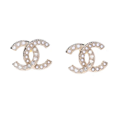 Chanel Crystal Pearl CC Earrings 0.5" Gold