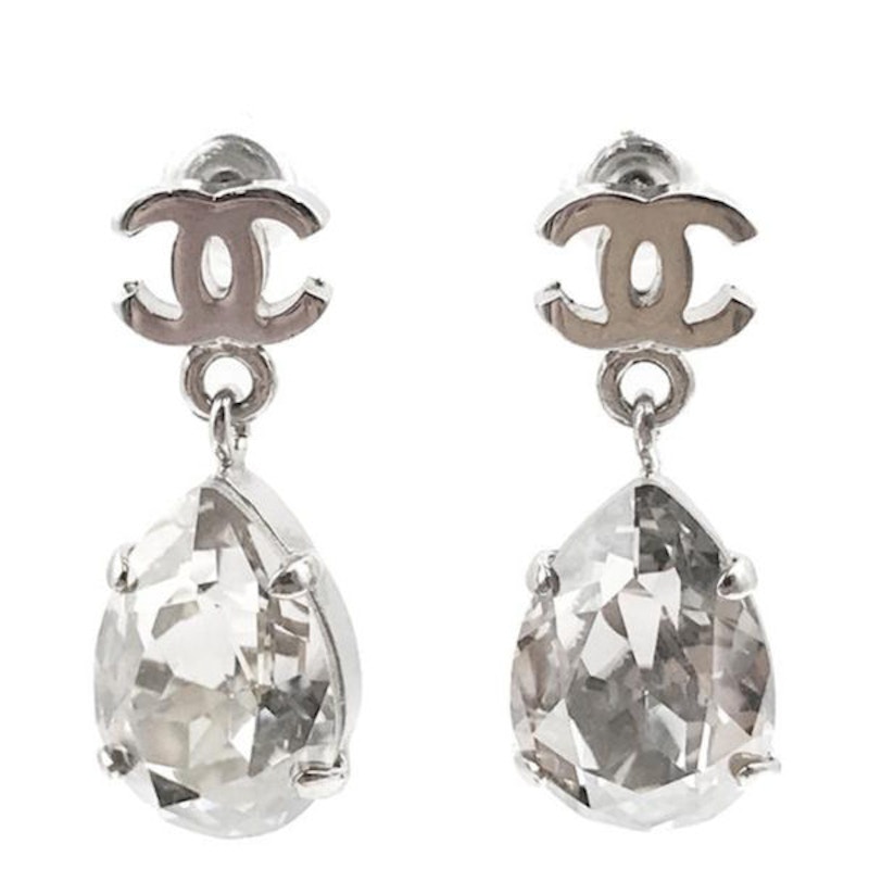 Chanel Crystal Teardrop Earrings Silver-tone