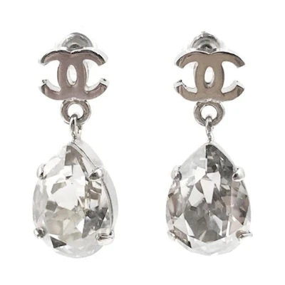 Chanel Crystal Teardrop Earrings Silver-tone