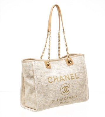 Chanel Deauville Tote Canvas Gold-tone Small Beige Buy Chanel Deauville Tote Canvas Gold-tone Small Beige