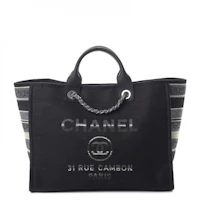 Chanel Deauville Tote Striped Canvas Silver-tone Large Black Chanel Deauville Tote Striped Canvas Silver-tone Large Black