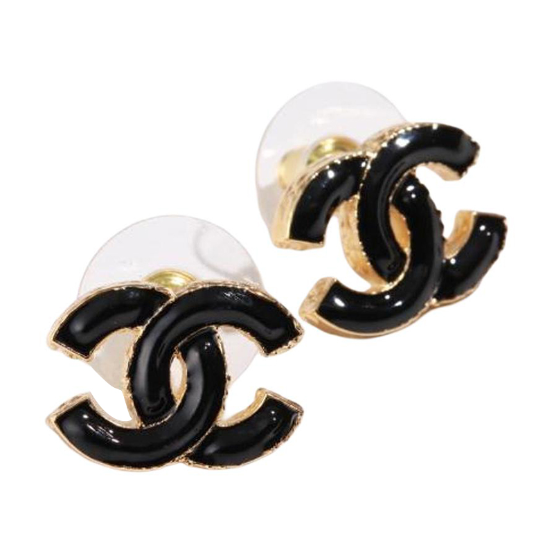 CHANEL Double C 23K Black Enamel Irregular Earrings Unisex Couple Design. ABC250-B14730-NS732