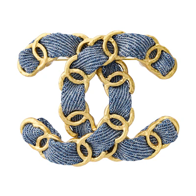 CHANEL Double C Denim Ribbon Metal Brooch Gold/Blue Unisex AB3402-B02417-N6460