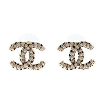 CHANEL Double C Earrings Black Crystal with Pearl Design. AB6675-B06135-ND170