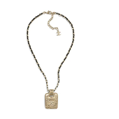 CHANEL Double C Gold Metal Calfskin Rhinestone Necklace Unisex Couple Style AB6646-B06124-ND154