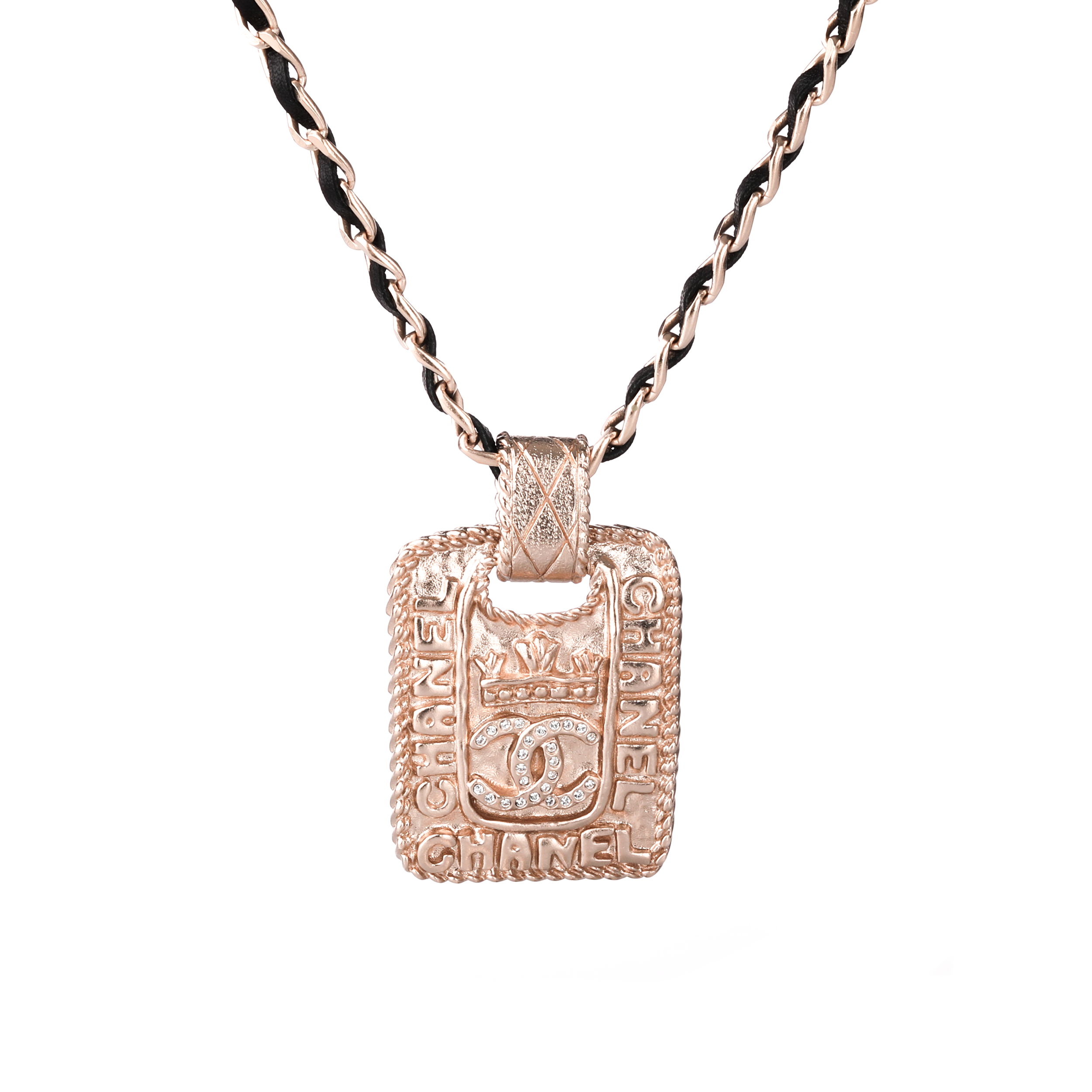 CHANEL Double C Gold Metal Calfskin Rhinestone Necklace Unisex Couple Style AB6646-B06124-ND154 圖 4