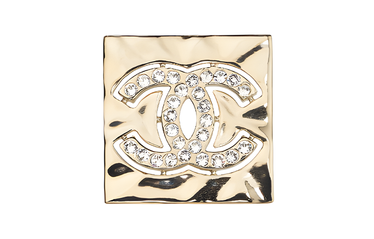 CHANEL Double C Gold Metal Rhinestone Brooch. AB8221-B07718-NG997