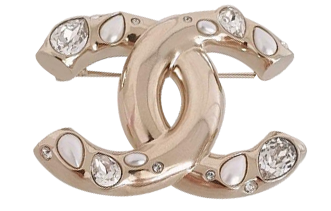 CHANEL Double C Logo Rhinestone Pearl Brooch Gold. AB6297-B05753-NC546