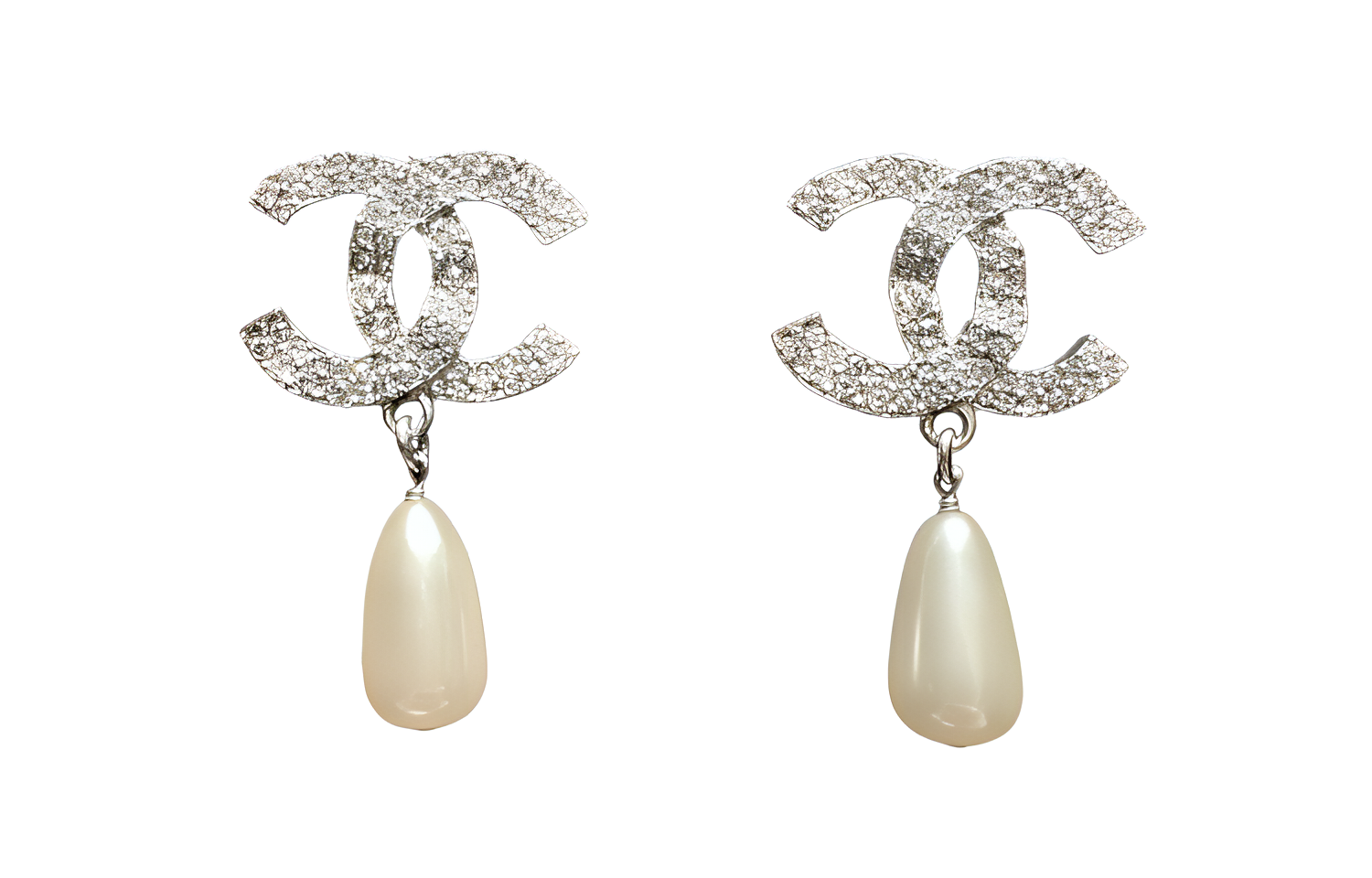 CHANEL Double C Teardrop Crystal Pearl Earrings Unisex Silver AB4297-B03543-N7886