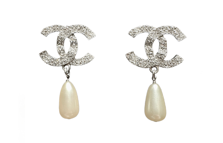 CHANEL Double C Teardrop Crystal Pearl Earrings Unisex Silver AB4297-B03543-N7886 圖 2