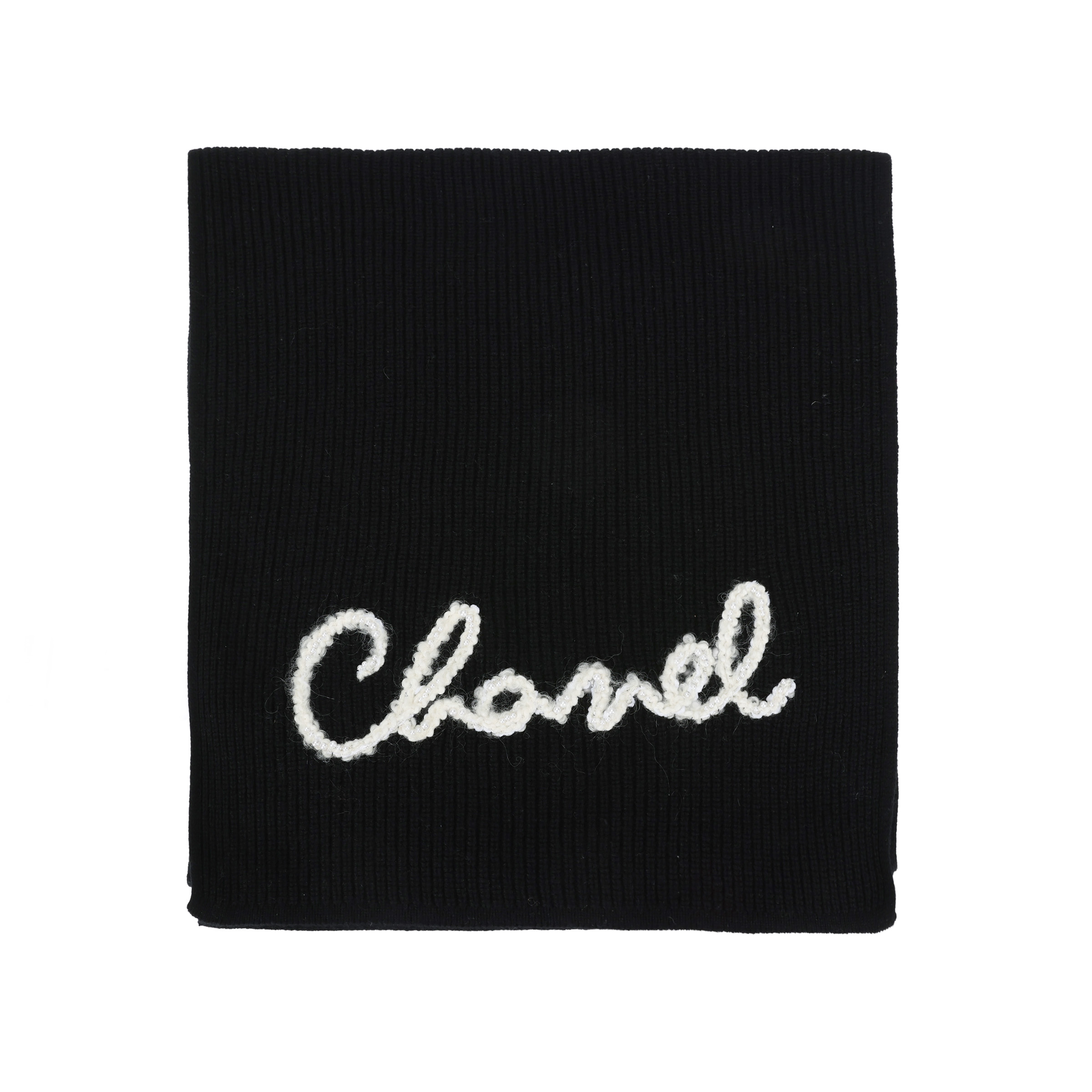 CHANEL Embroidered Logo Wool Knit Scarf Black - Unisex Couple Style. AA7625-B05931-94305