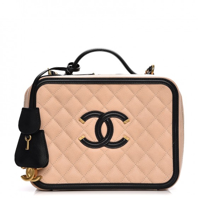 Chanel Filigree Vanity Case Diamond Quilted CC Large Beige/Black