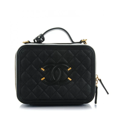 Chanel Filigree Vanity Case Quilted Caviar Gold-tone Medium Black