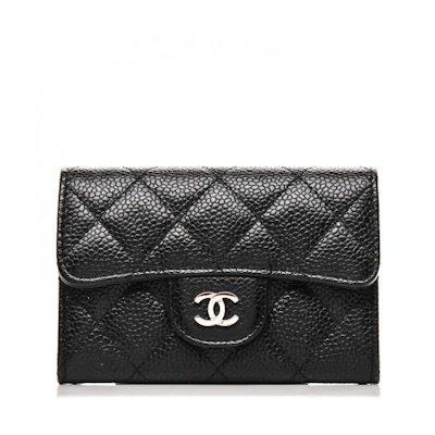 Chanel Flap Card Holder Quilted Caviar Silver-tone Black