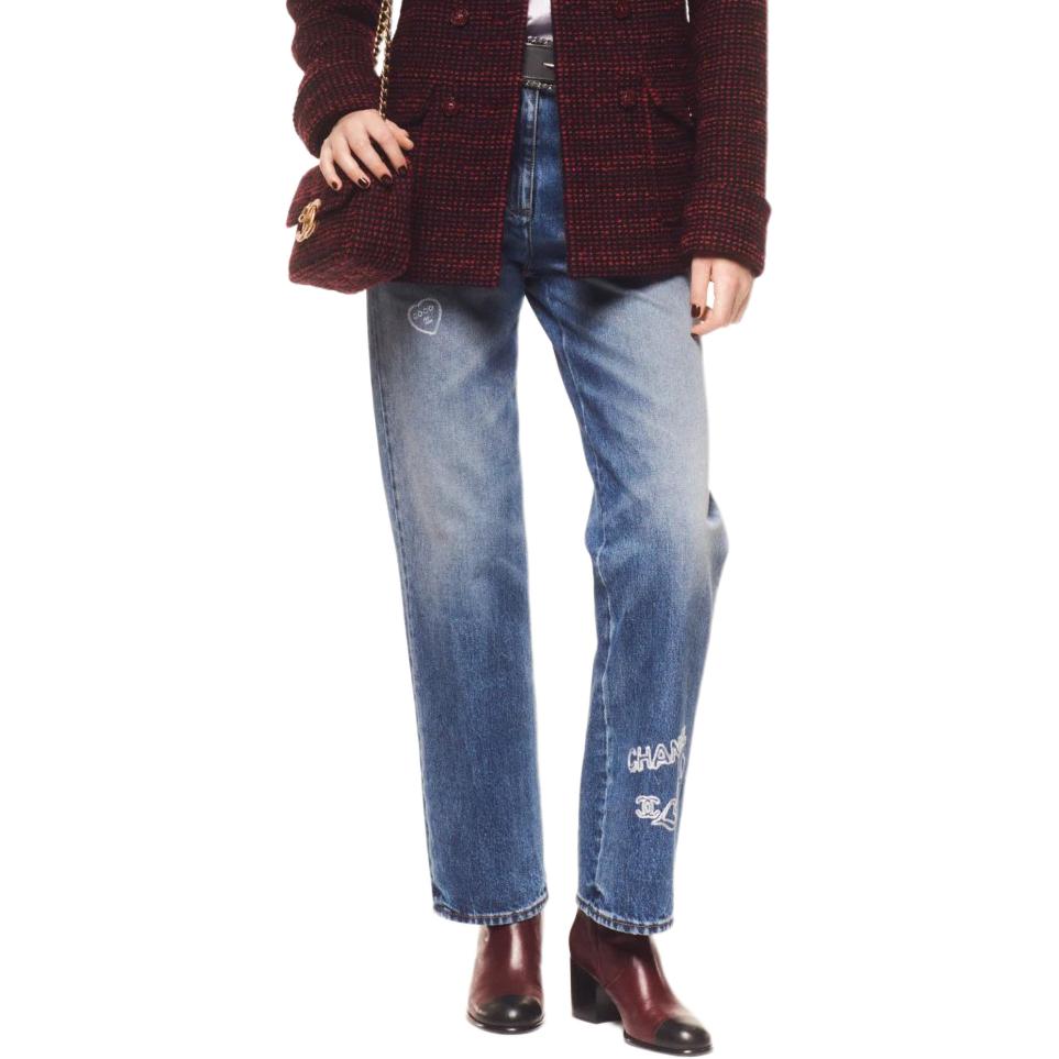 Order シャネル FW24 秋冬 ロゴプリント ミッドライズ ブルーデニムジーンズ レディース P78110-V70080-NZM12