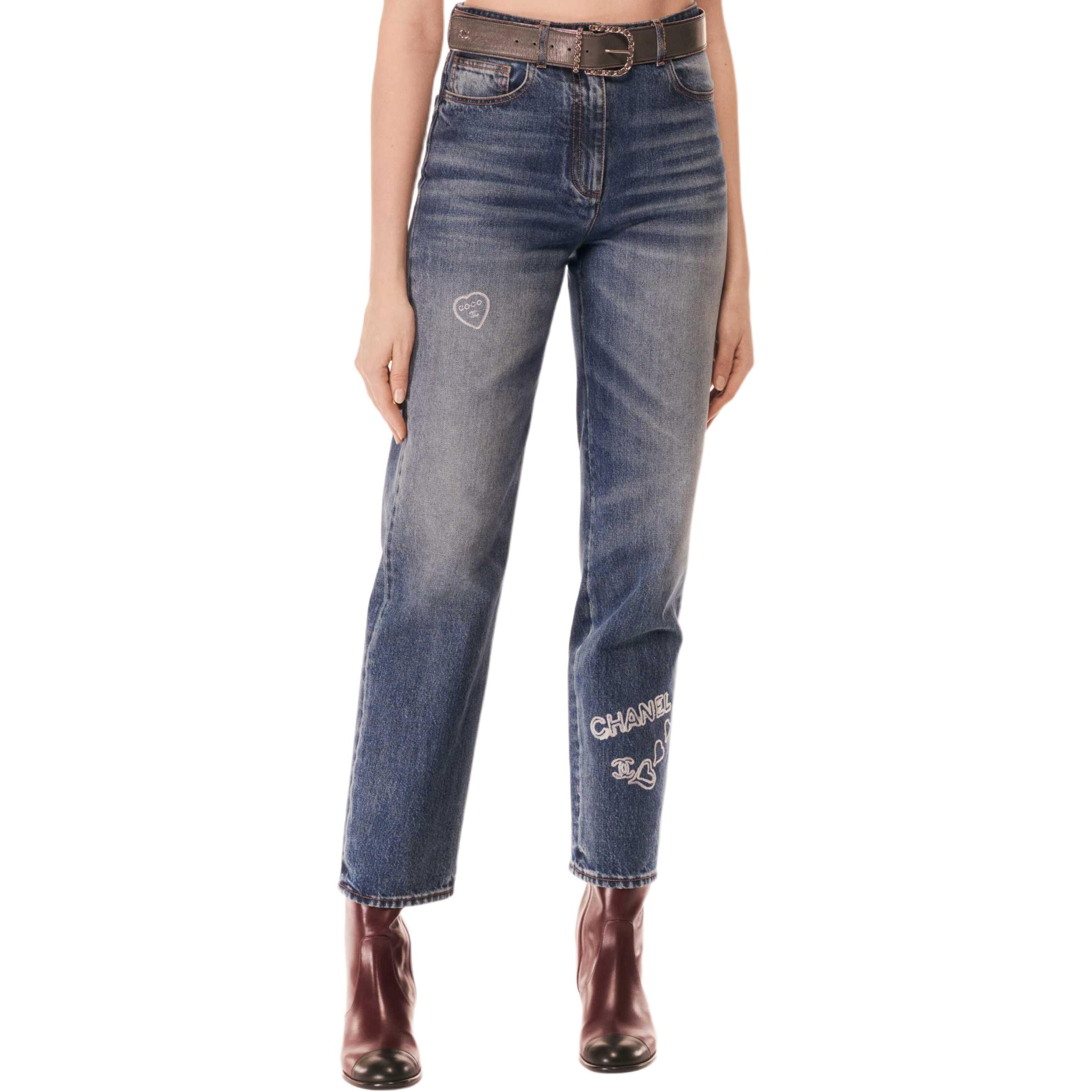 Shop シャネル FW24 秋冬 ロゴプリント ミッドライズ ブルーデニムジーンズ レディース P78110-V70080-NZM12
