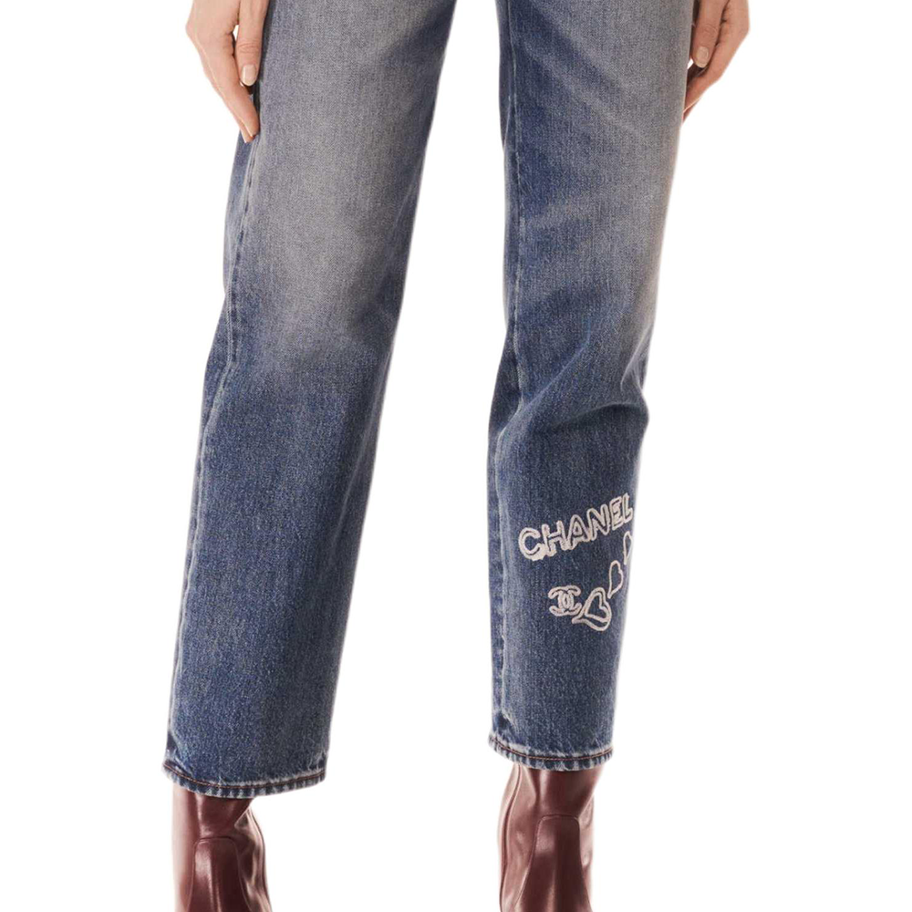 Cheap シャネル FW24 秋冬 ロゴプリント ミッドライズ ブルーデニムジーンズ レディース P78110-V70080-NZM12