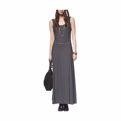 CHANEL FW24 Grey Polka Dot Split Neck Long Slip Dress for Women. P78019-V69773-M9999