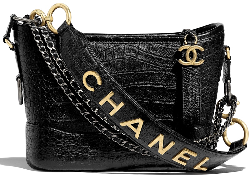 Chanel Gabrielle Hobo Bag Crocodile Embossed Calfskin Gold/Silver-tone Small Black