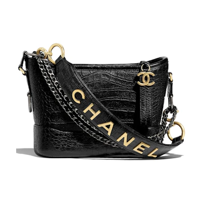 Chanel Gabrielle Hobo Bag Crocodile Embossed Calfskin Gold/Silver-tone Small Black