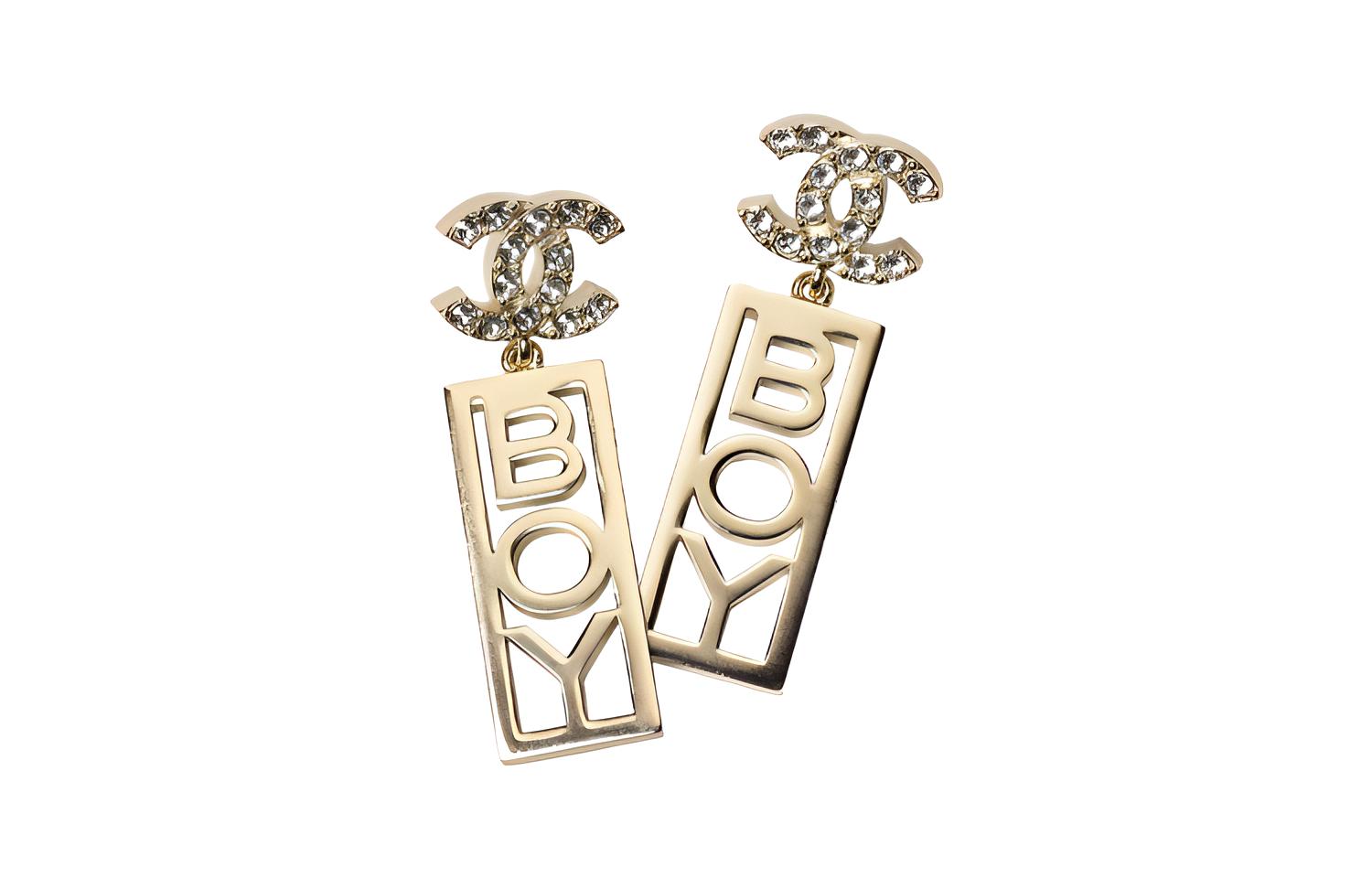 CHANEL Gold BOY Engraved Pendant Earrings with Rhinestones. AB8118-B07828-NH337