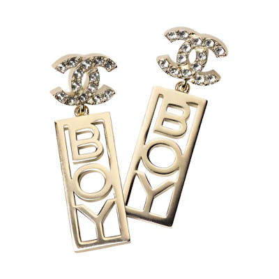 CHANEL Gold BOY Engraved Pendant Earrings with Rhinestones. AB8118-B07828-NH337