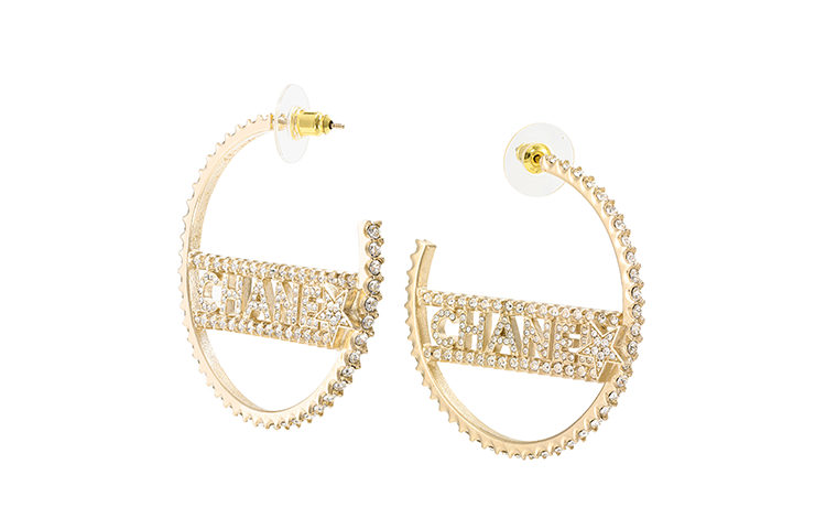 CHANEL Gold Letter Logo Metal Rhinestone Earrings. AB8064-B07810-NH432
