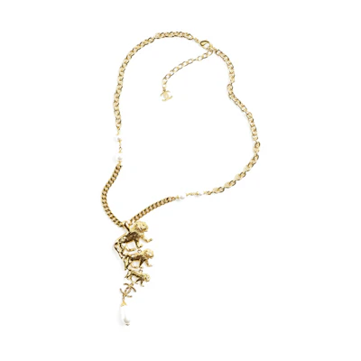 CHANEL Gold Lion Pendant Pearl Long Necklace. AB8768- B08713-NJ356