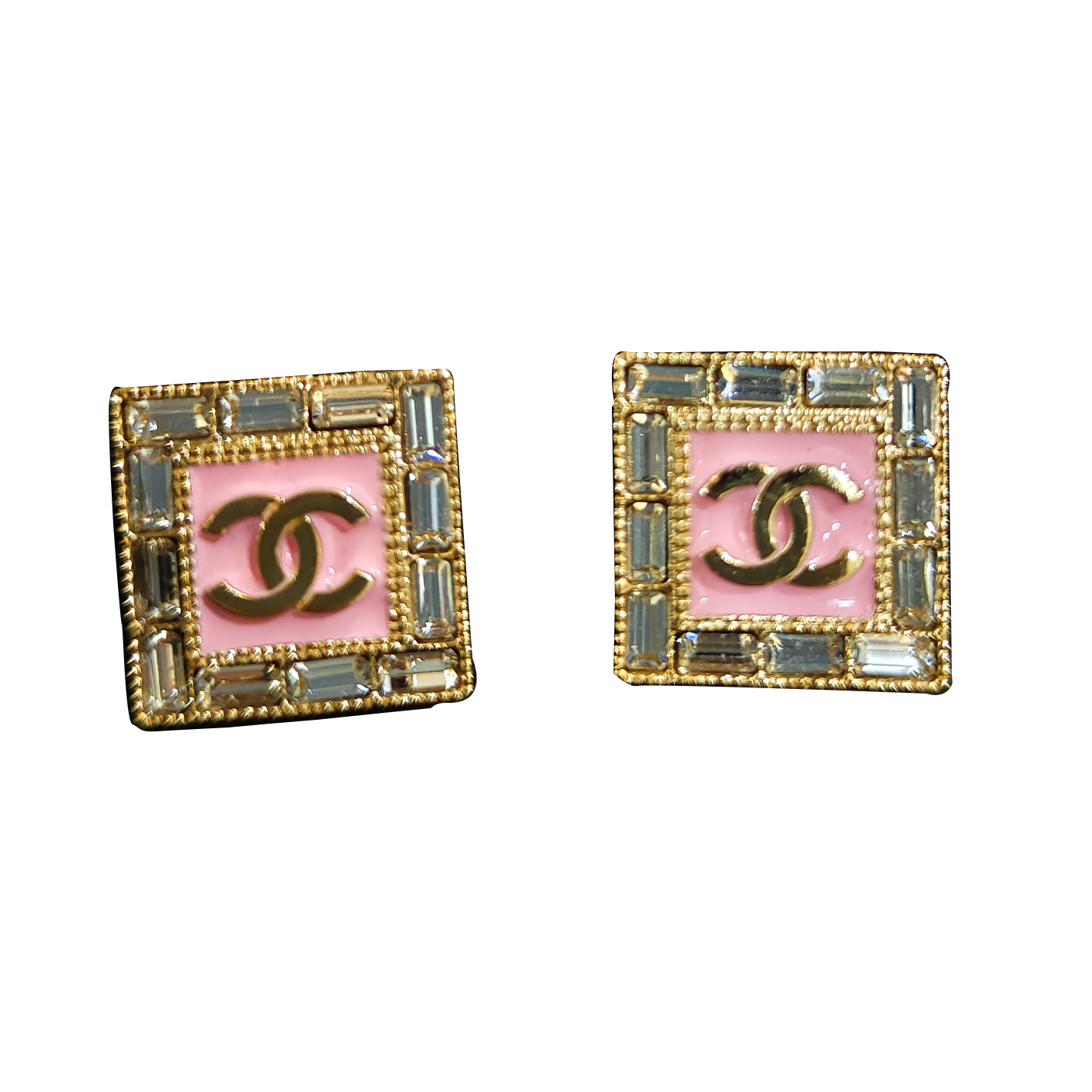 Chanel Gold Pink Enamel CC Logo Square Rhinestone Earrings. ABD170-B16633-NY050
