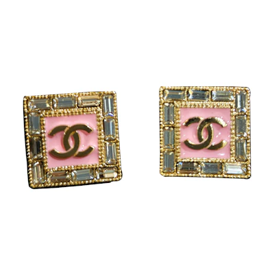 Chanel Gold Pink Enamel CC Logo Square Rhinestone Earrings. ABD170-B16633-NY050