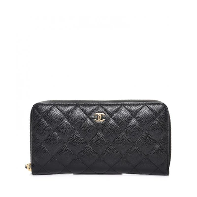 Chanel Gusset Zip Around Wallet Quilted Caviar Gold-tone Large Black
