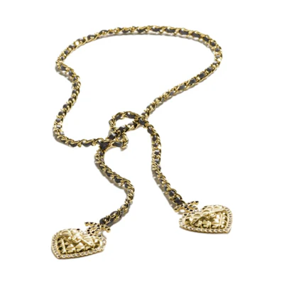 CHANEL Heart Pendant Lamskin Pearl Crystal Necklace Unisex Black AB-24A-015