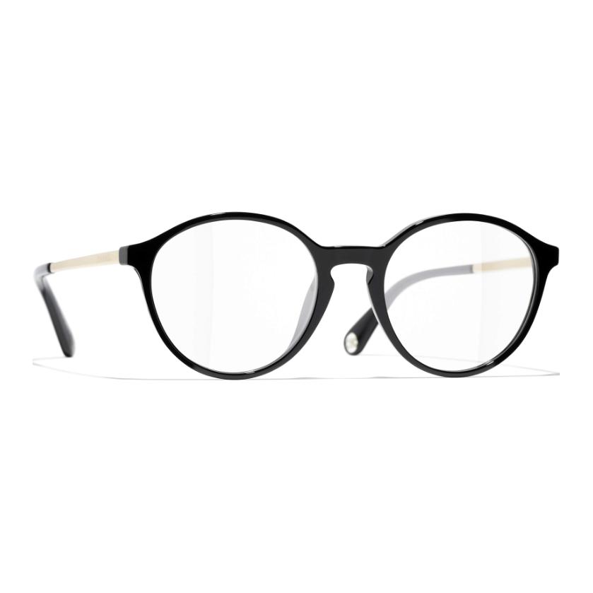 Shop CHANEL Cermin Mata Unisex Bingkai Hitam Logo Acetate Rekaan Tidak Sekata. CH3468U-C622