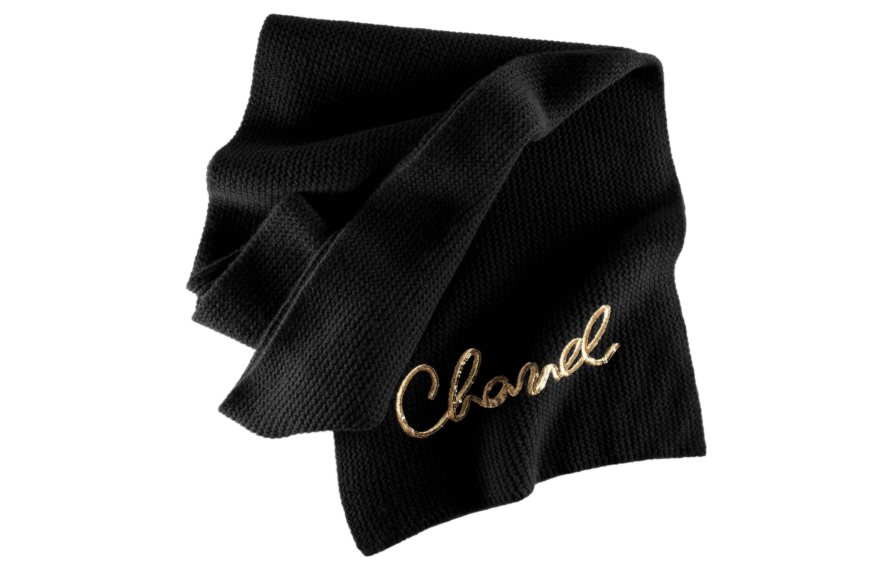 CHANEL Logo Embroidered Black Knit Scarf Unisex Couples Style AA8312-B08454-94305