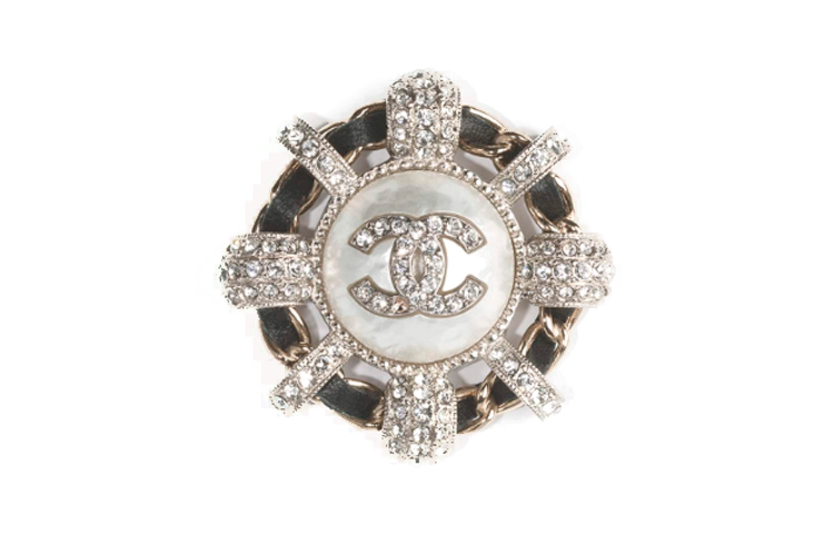 CHANEL Metallic Calfskin Faux Pearl & Rhinestone Double C Brooch. AB6900-B06542-NF039