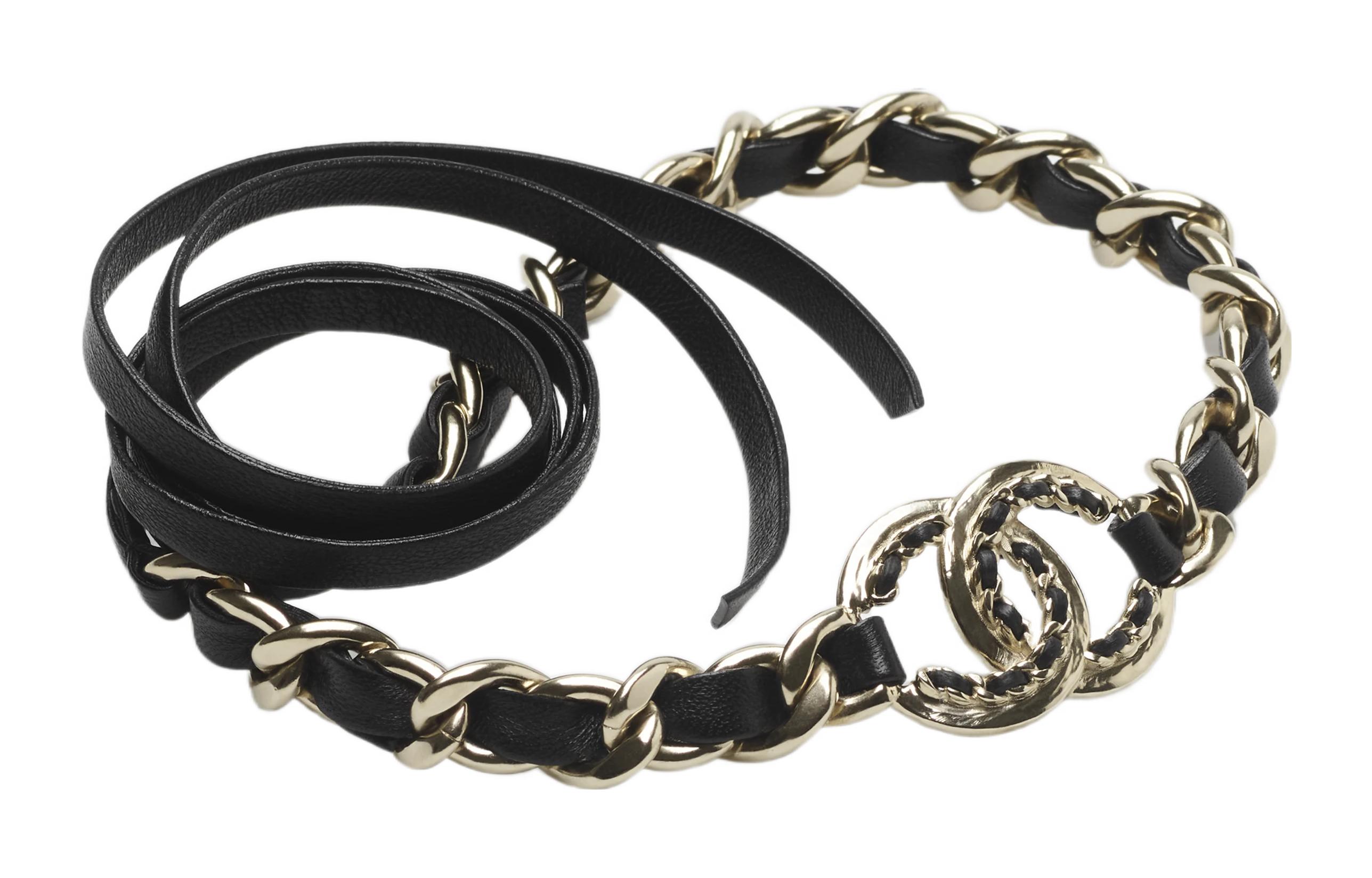 Lookbook 샤넬 메탈릭 램스킨 레더 체인 벨트 블랙. AB7846-B07680-NH056