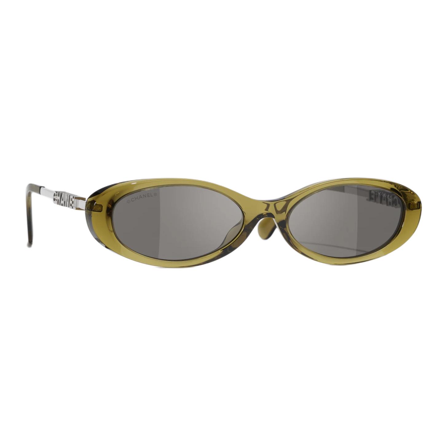 CHANEL Oval Acetate Sunglasses Olive Green/Silver Unisex with Logo Temples 5565 A71781 X06081 S1742